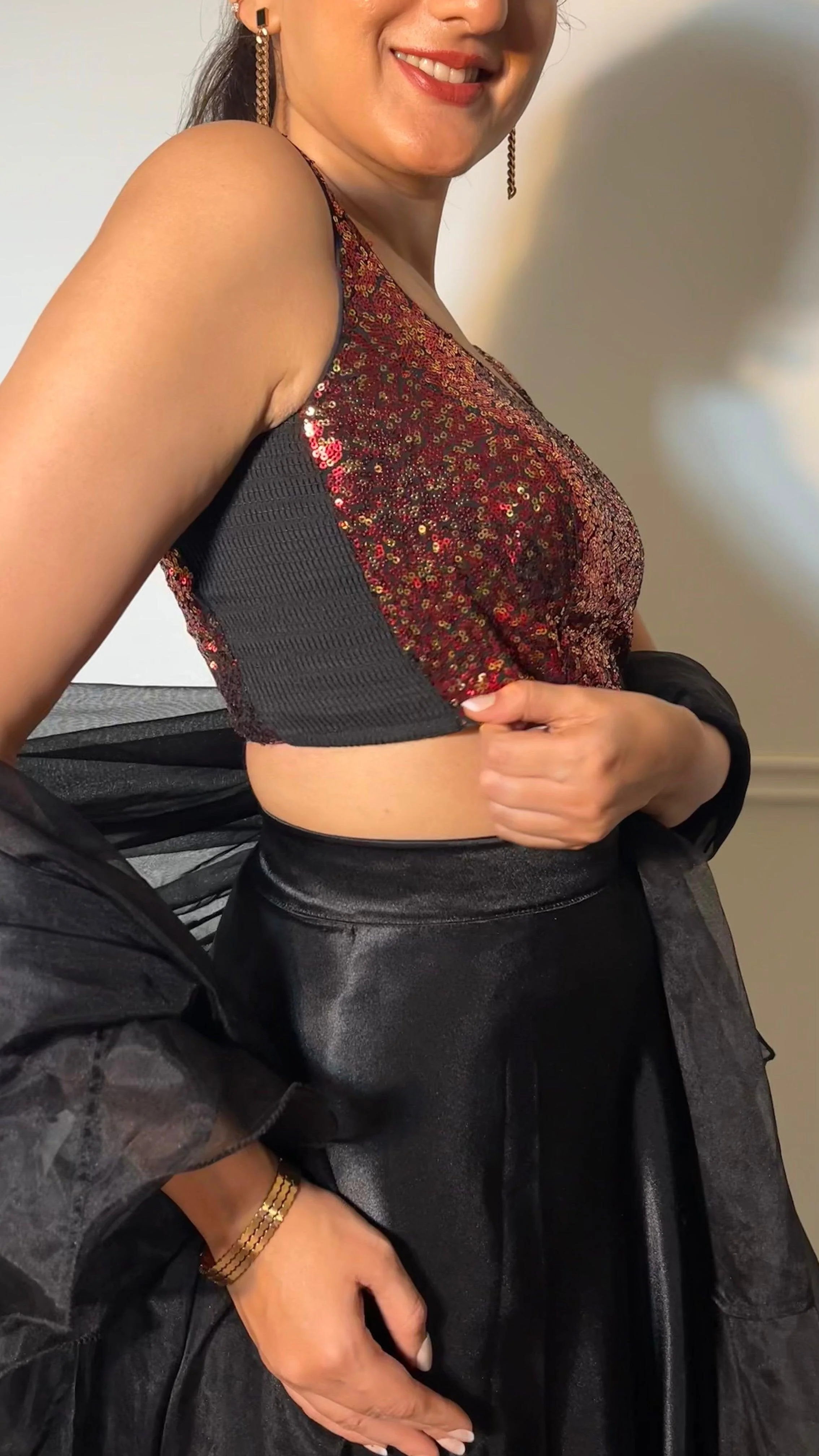 Sheela x Tyohaar | Sleeveless Black & Red Sequined Shimmer Saree Blouse with Round Neck - Image 17