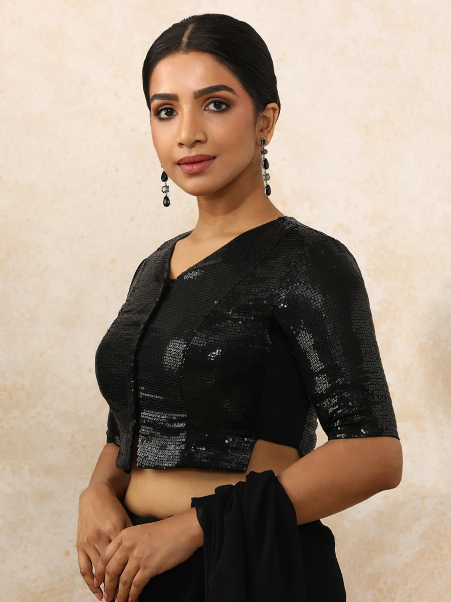 Amina x Tyohaar | Elbow Sleeves Black Sequined Saree Blouse with V-Neck