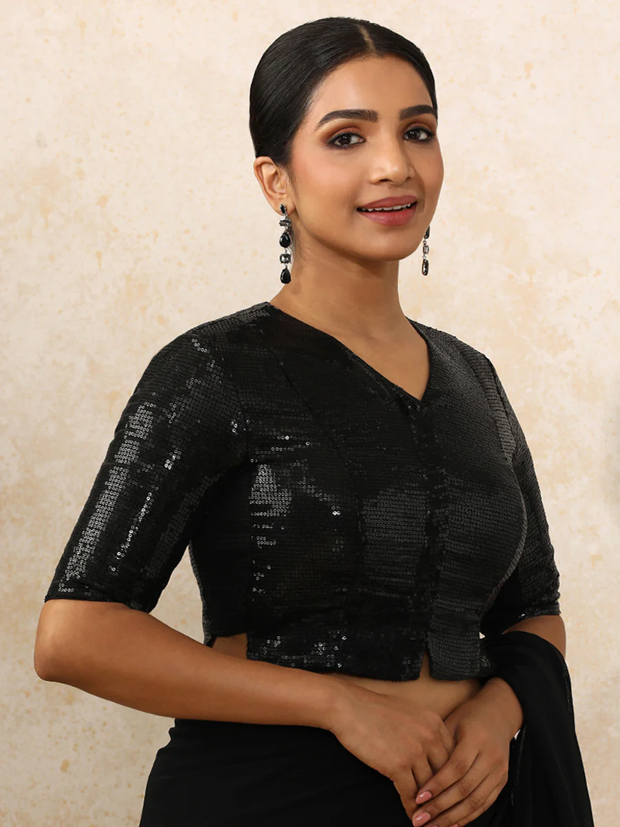 Amina x Tyohaar | Elbow Sleeves Black Sequined Saree Blouse with V-Neck - Image 13
