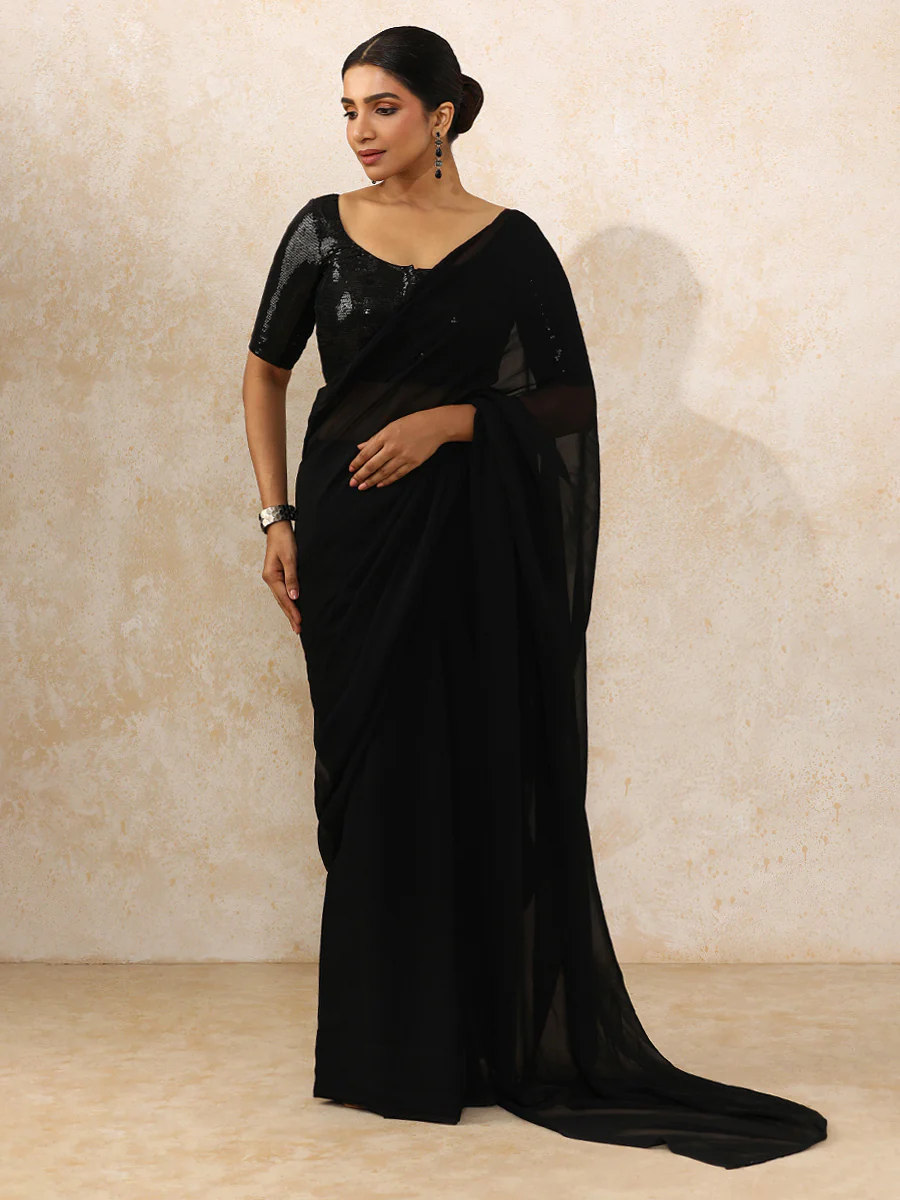 Noreen x Tyohaar | Elbow Sleeves Black Sequined Saree Blouse with Round Neck - Image 16