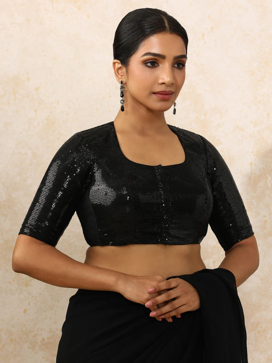 Yashvi x Tyohaar | Elbow Sleeves Black Sequined Saree Blouse with Pot Neck - Image 9