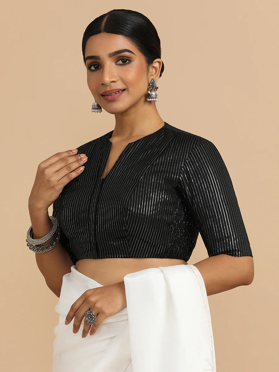 Kaveri x Rozaana | Elbow Sleeves Saree Blouse in Black Silver Stripe Cotton - Image 7