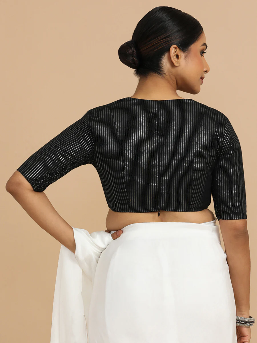 Natasha x Rozaana | Elbow Sleeves Saree Blouse in Black Silver Stripe Cotton - Image 2