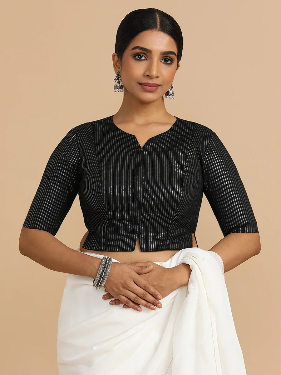 Rashi x Rozaana | Elbow Sleeves Saree Blouse in Black Silver Stripe Cotton - Image 15