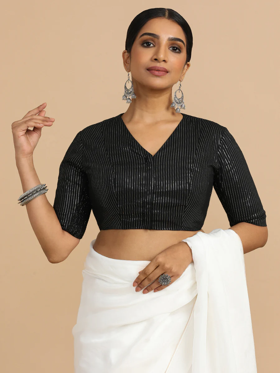 Utsa x Rozaana | Elbow Sleeves Saree Blouse in Black Silver Stripe Cotton - Image 14