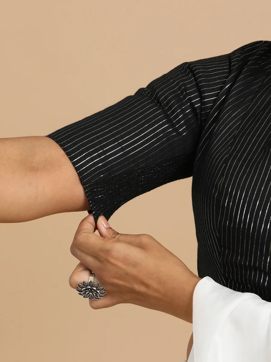 Utsa x Rozaana | Elbow Sleeves Saree Blouse in Black Silver Stripe Cotton - Image 4