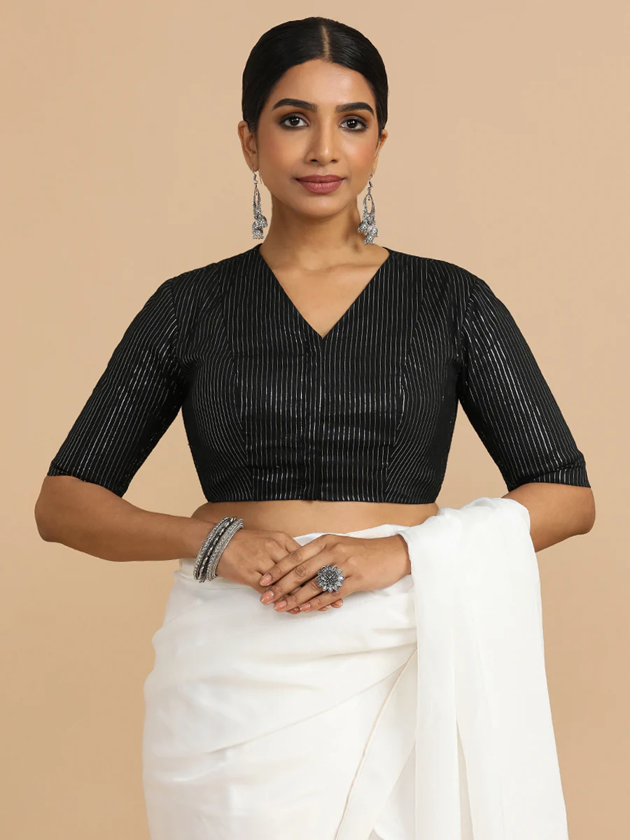Utsa x Rozaana | Elbow Sleeves Saree Blouse in Black Silver Stripe Cotton - Image 5