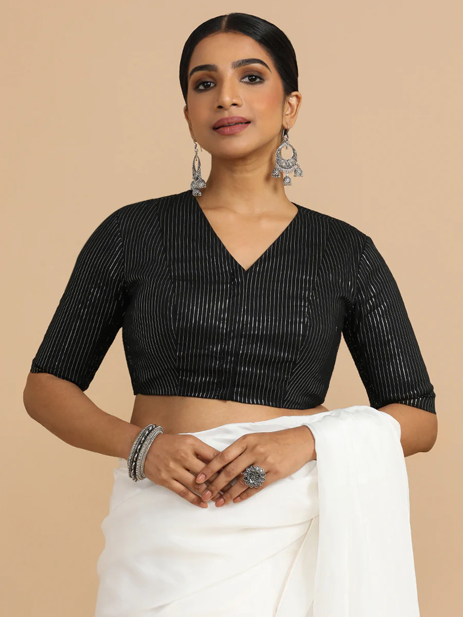 Utsa x Rozaana | Elbow Sleeves Saree Blouse in Black Silver Stripe Cotton - Image 6