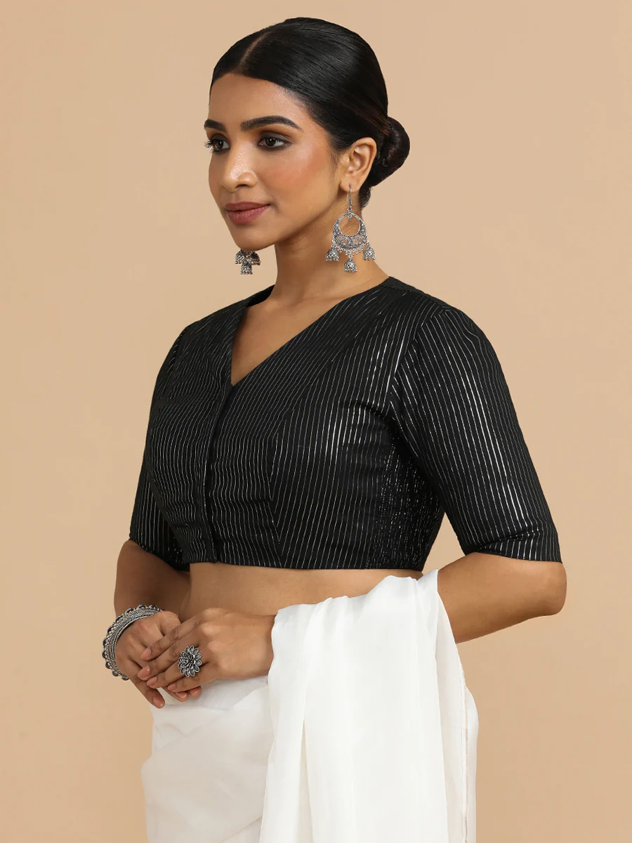 Utsa x Rozaana | Elbow Sleeves Saree Blouse in Black Silver Stripe Cotton - Image 9