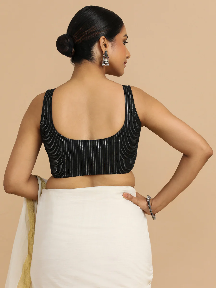 Vinita x Rozaana | Sleeveless Saree Blouse in Black Silver Stripe Cotton - Image 11