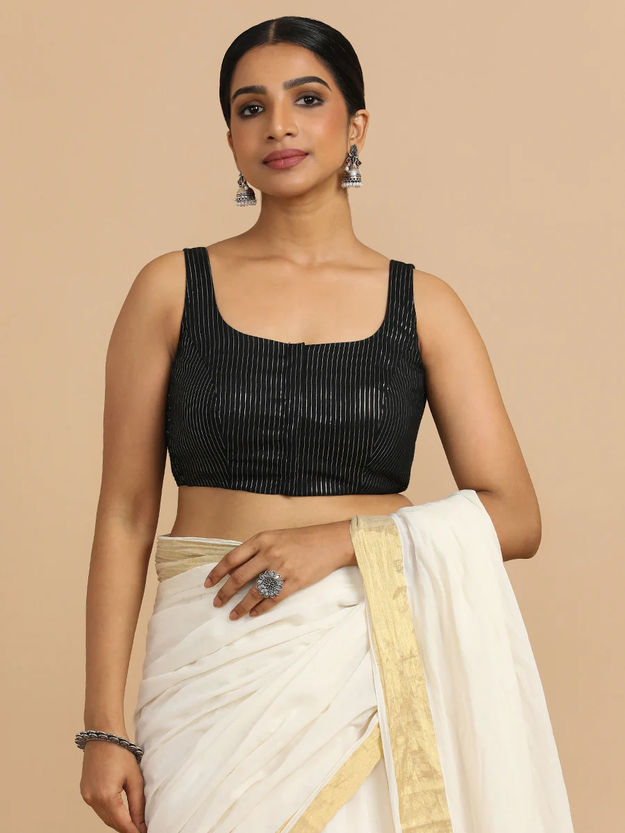 Vinita x Rozaana | Sleeveless Saree Blouse in Black Silver Stripe Cotton - Image 4