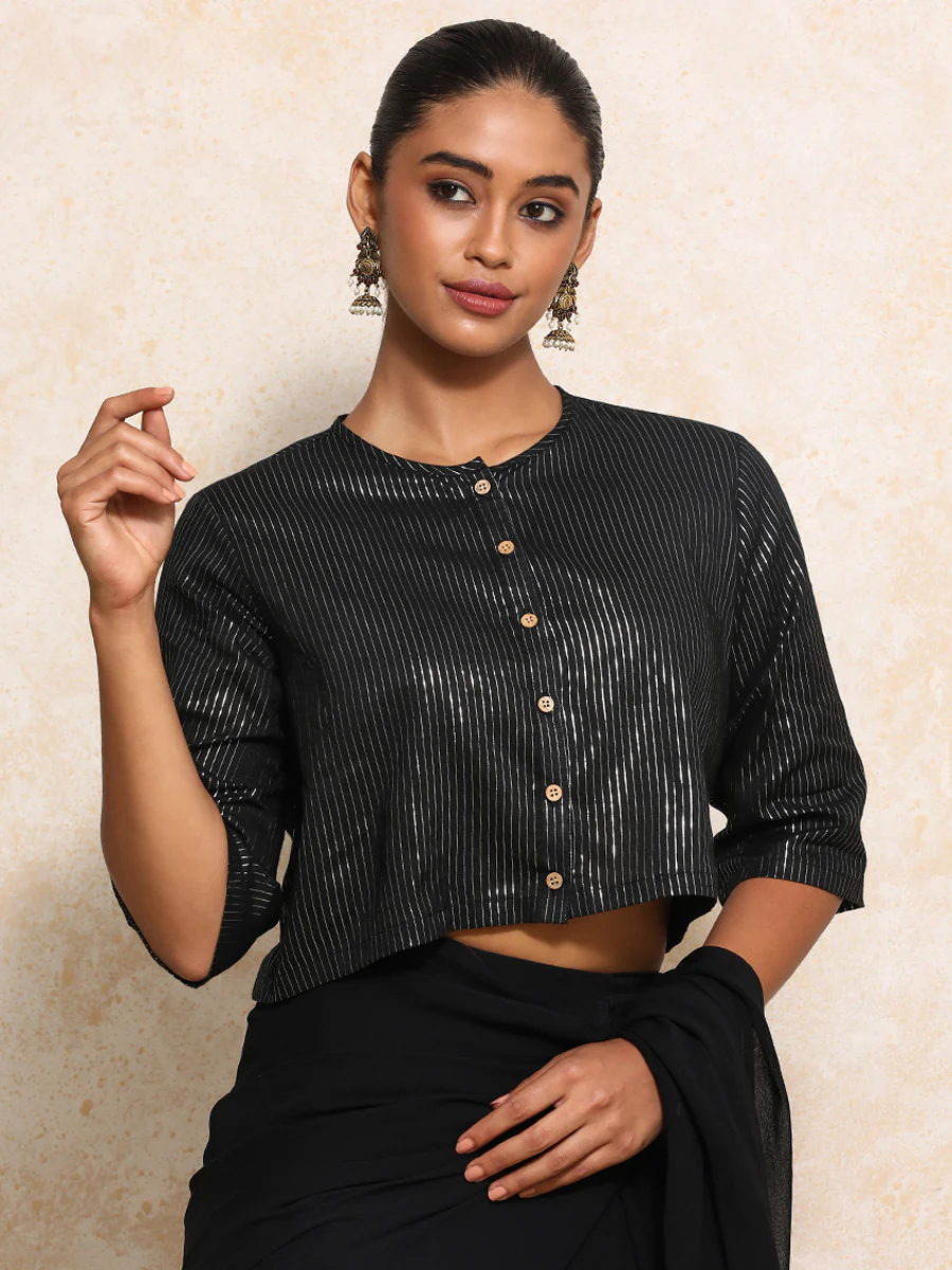 Parvati x Tyohaar | Elbow Sleeves Saree Blouse in Black Silver Stripe Cotton - Image 12