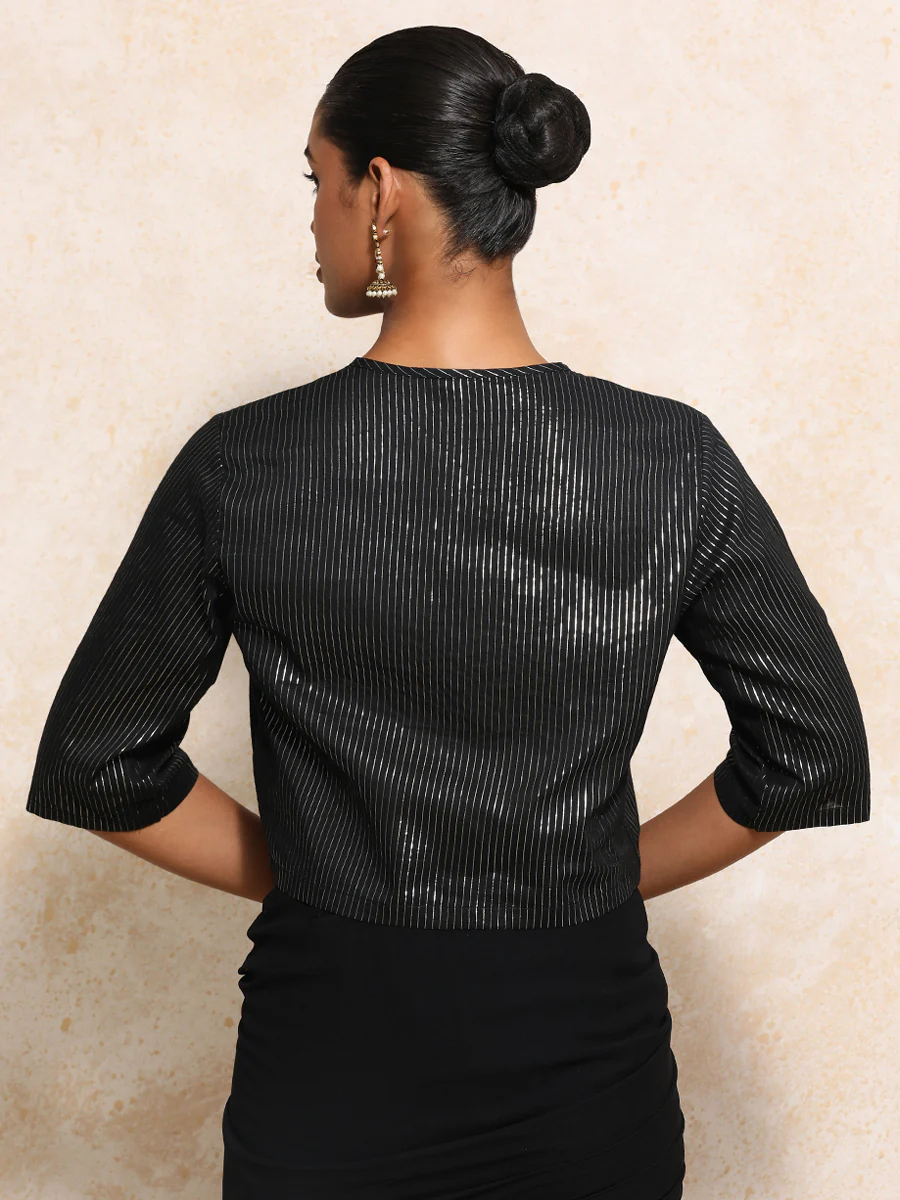Parvati x Tyohaar | Elbow Sleeves Saree Blouse in Black Silver Stripe Cotton - Image 2