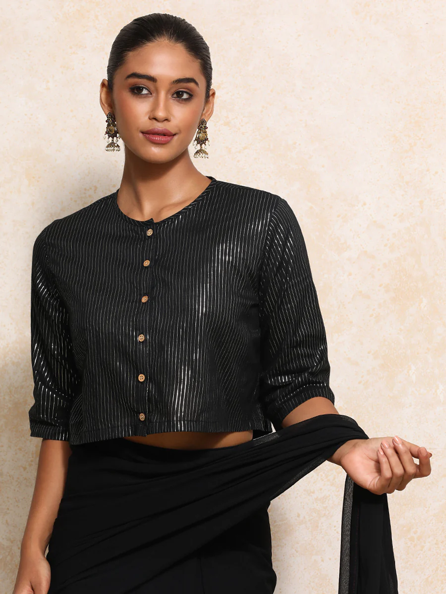 Parvati x Tyohaar | Elbow Sleeves Saree Blouse in Black Silver Stripe Cotton - Image 5