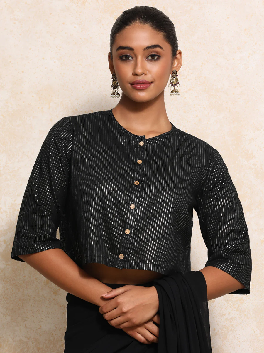 Parvati x Tyohaar | Elbow Sleeves Saree Blouse in Black Silver Stripe Cotton - Image 6