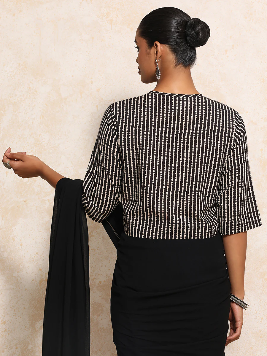 Omya x Rozaana | Elbow Sleeves Saree Blouse in Earthy Black Stripes Block Print Cotton - Image 12
