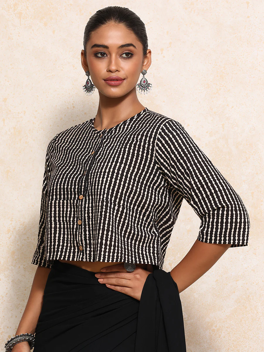 Omya x Rozaana | Elbow Sleeves Saree Blouse in Earthy Black Stripes Block Print Cotton - Image 7