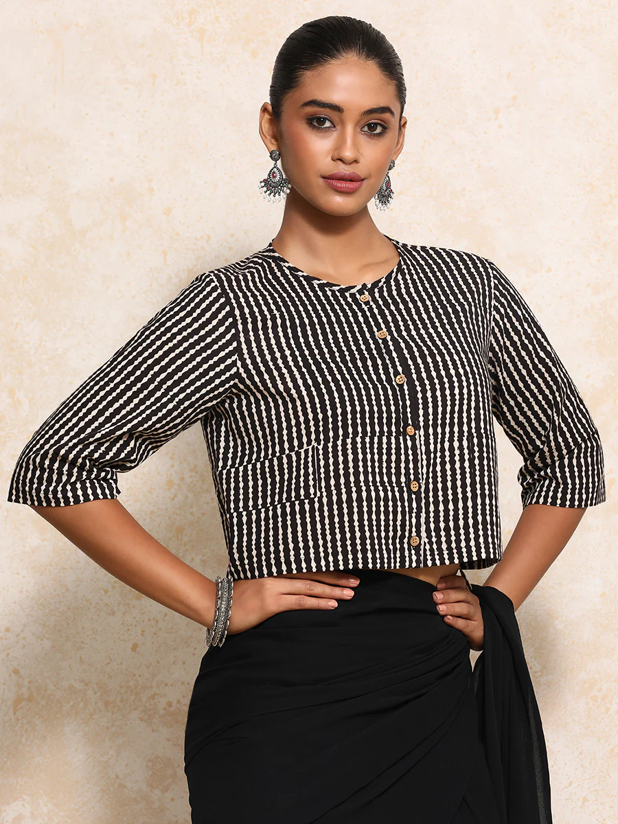 Omya x Rozaana | Elbow Sleeves Saree Blouse in Earthy Black Stripes Block Print Cotton - Image 9