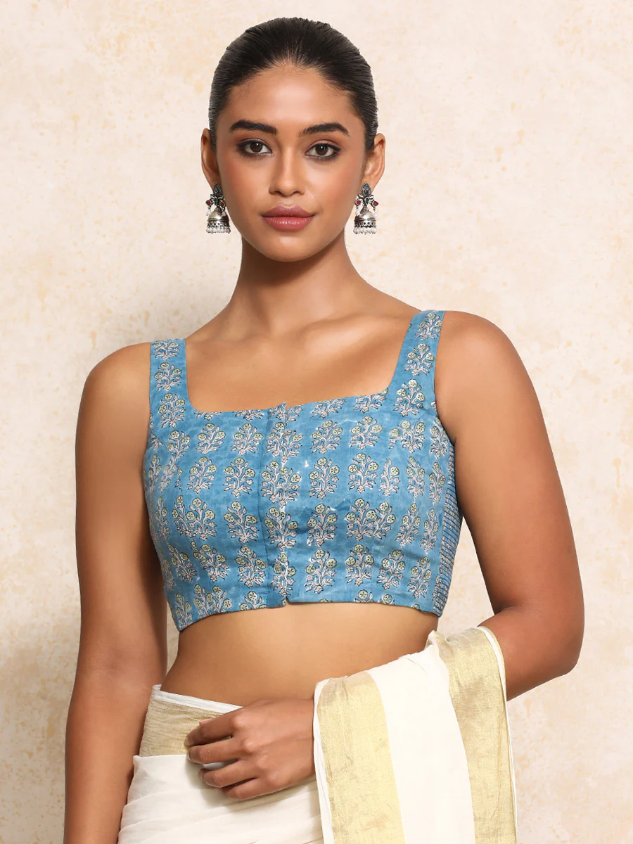 Akshita x Rozaana | Sleeveless Saree Blouse in Blue Garden Block Print Cotton - Image 5