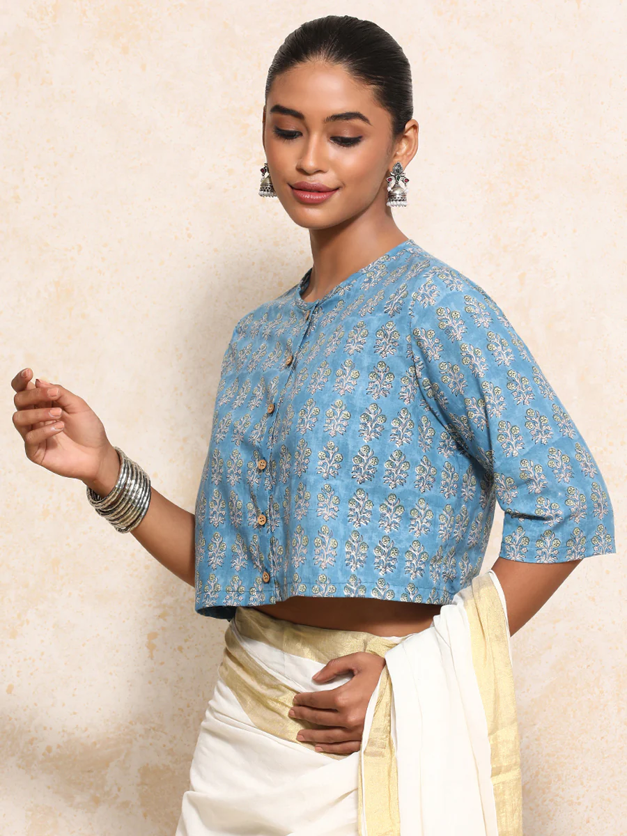 Unnati x Rozaana | Elbow Sleeves Saree Blouse in Blue Garden Block Print Cotton - Image 13