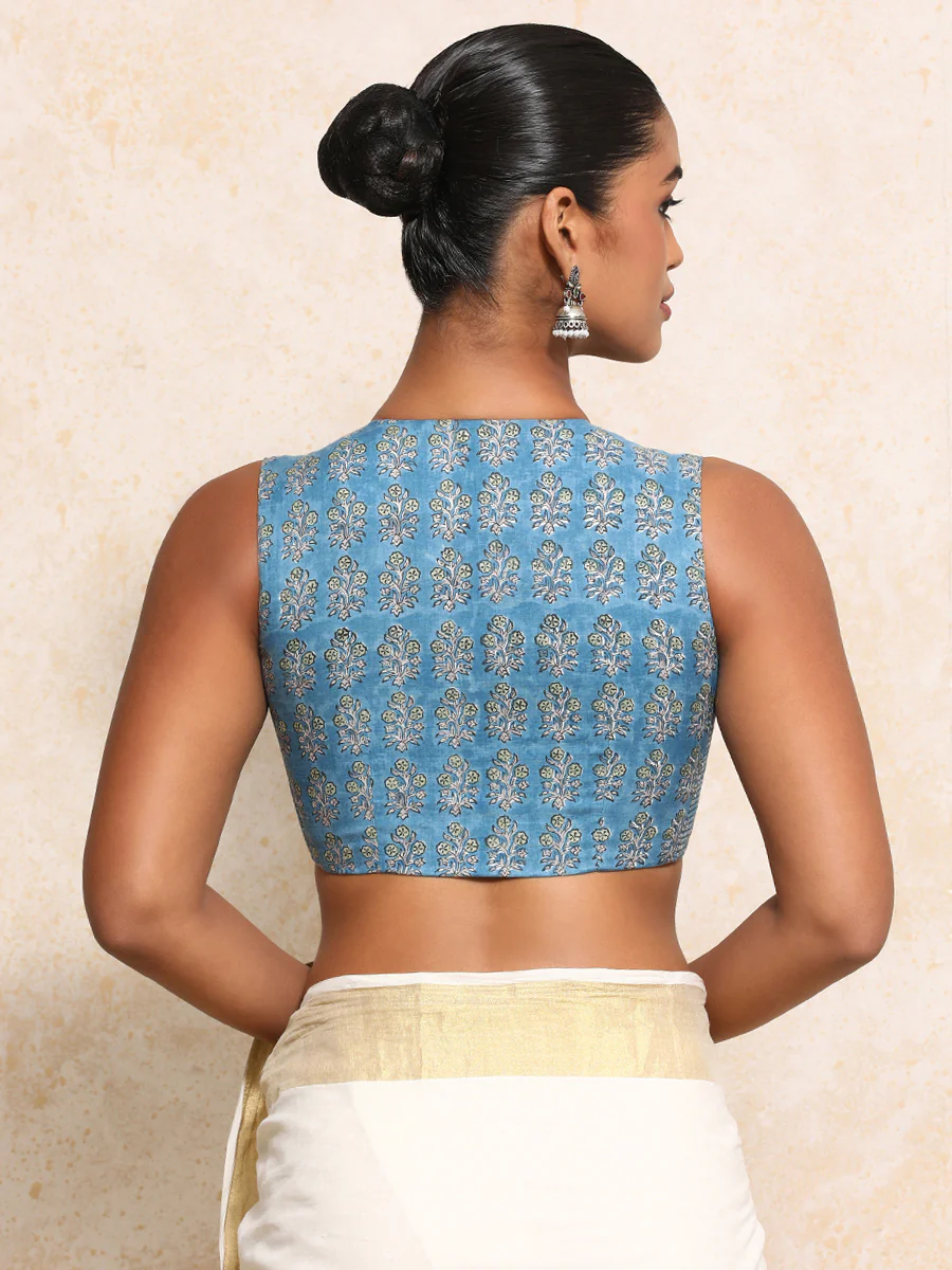 Varnika x Rozaana | Sleeveless Saree Blouse in Blue Garden Block Print Cotton - Image 2