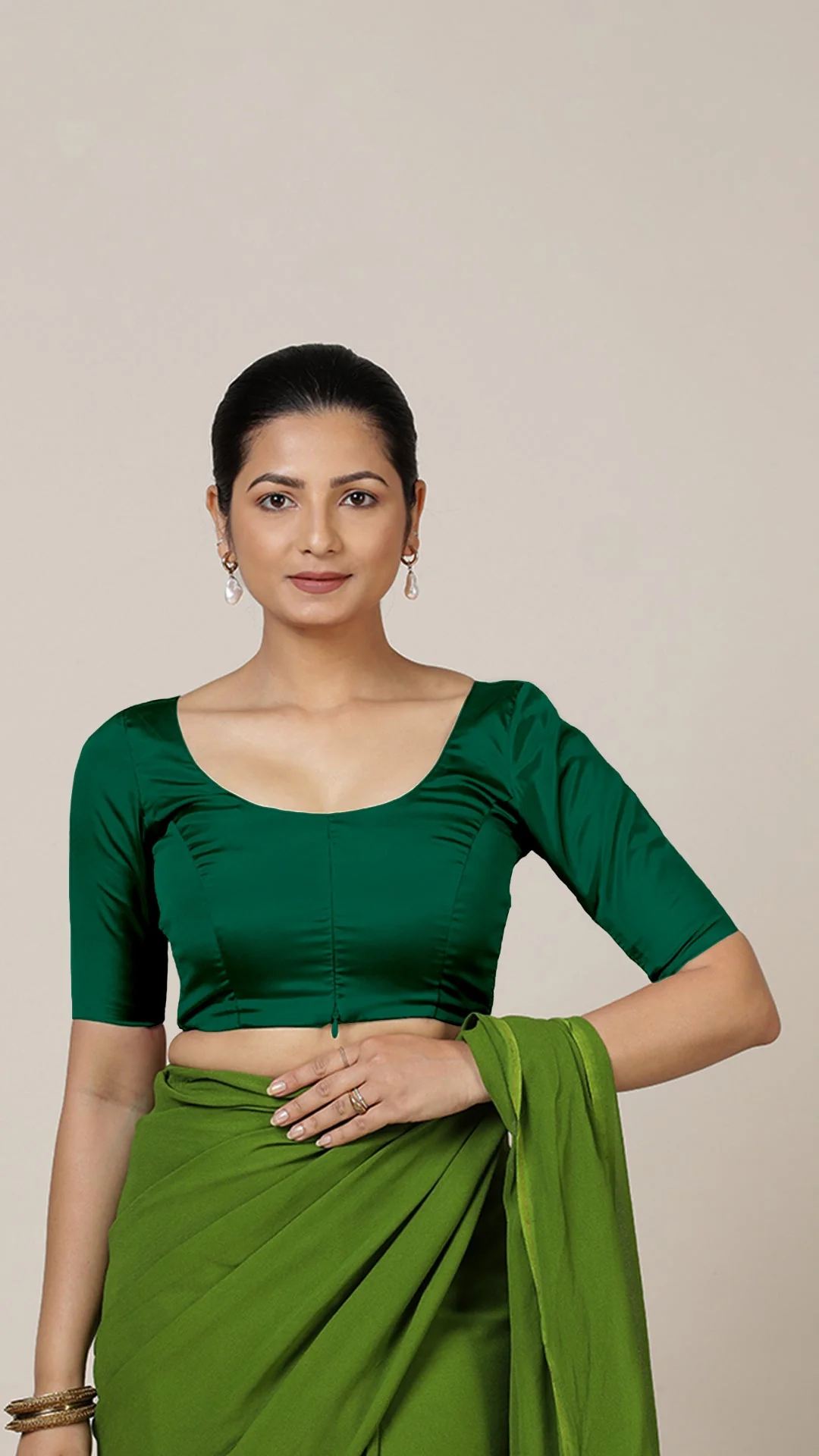 Anisha x Rozaana | Elbow Sleeves Saree Blouse in Bottle Green - Image 6