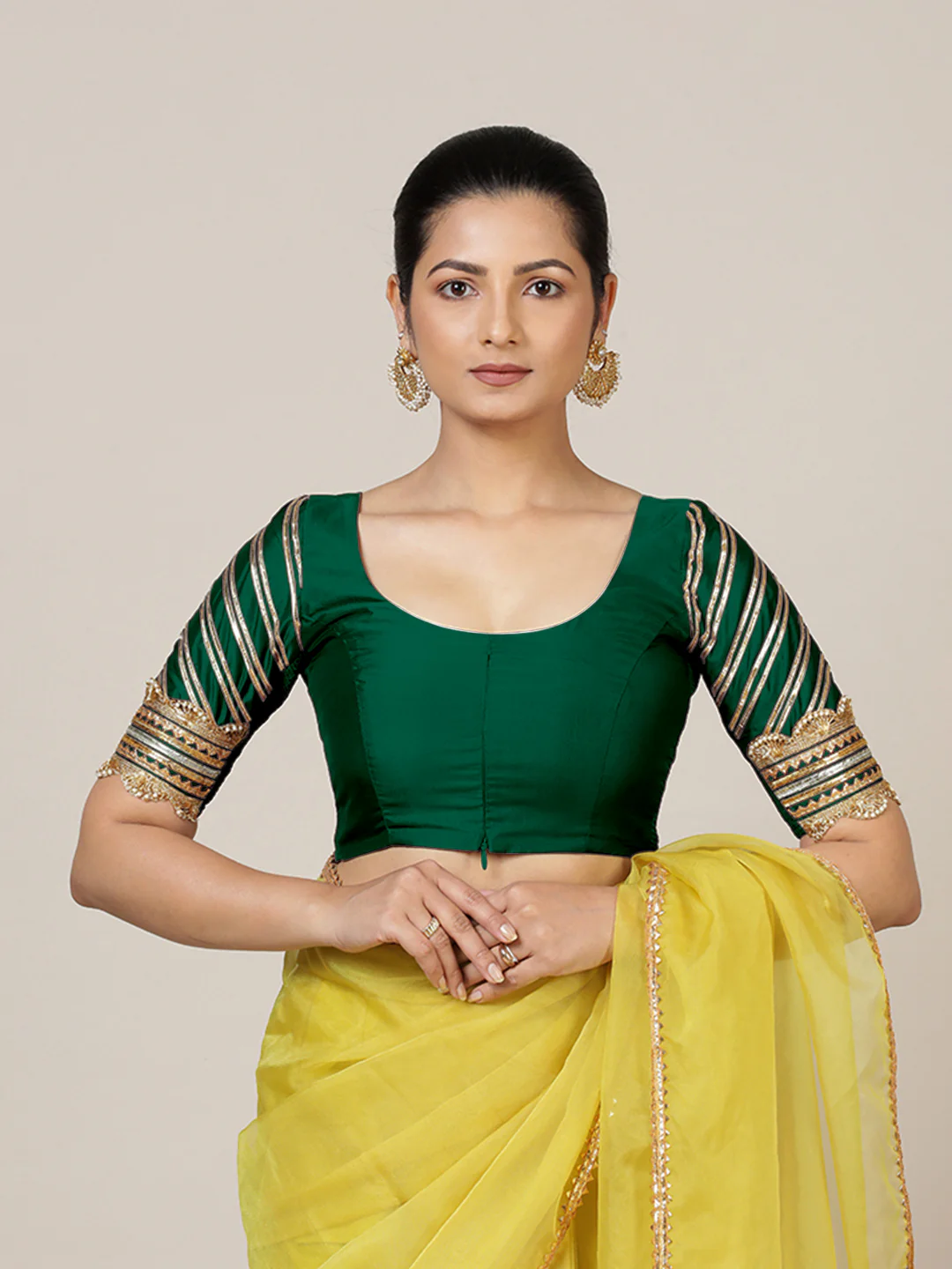 Anisha x Tyohaar | Elbow Sleeves Saree Blouse in Bottle Green - Image 10
