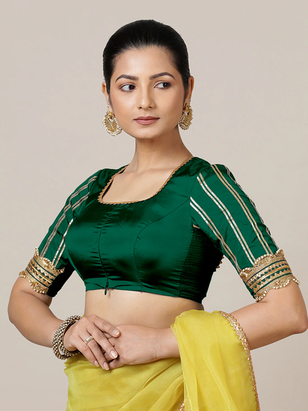 Aziza x Tyohaar | Elbow Sleeves Saree Blouse in Bottle Green - Image 10