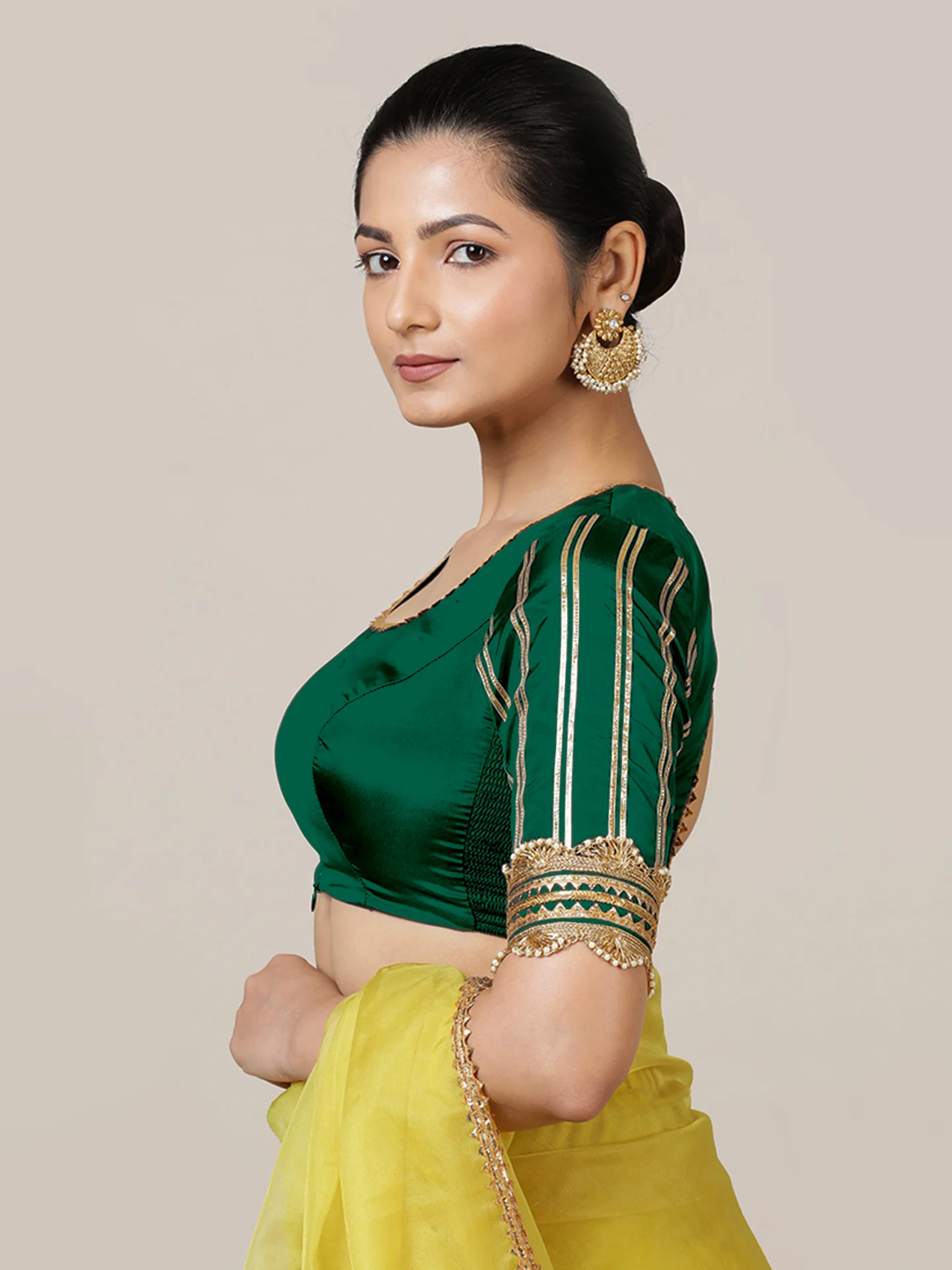 Aziza x Tyohaar | Elbow Sleeves Saree Blouse in Bottle Green - Image 6