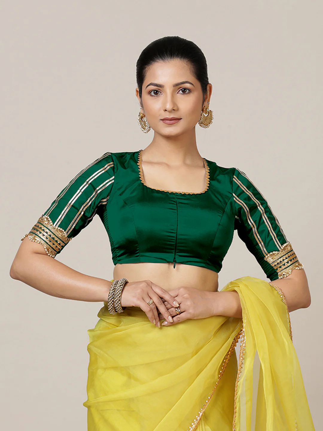 Aziza x Tyohaar | Elbow Sleeves Saree Blouse in Bottle Green - Image 8