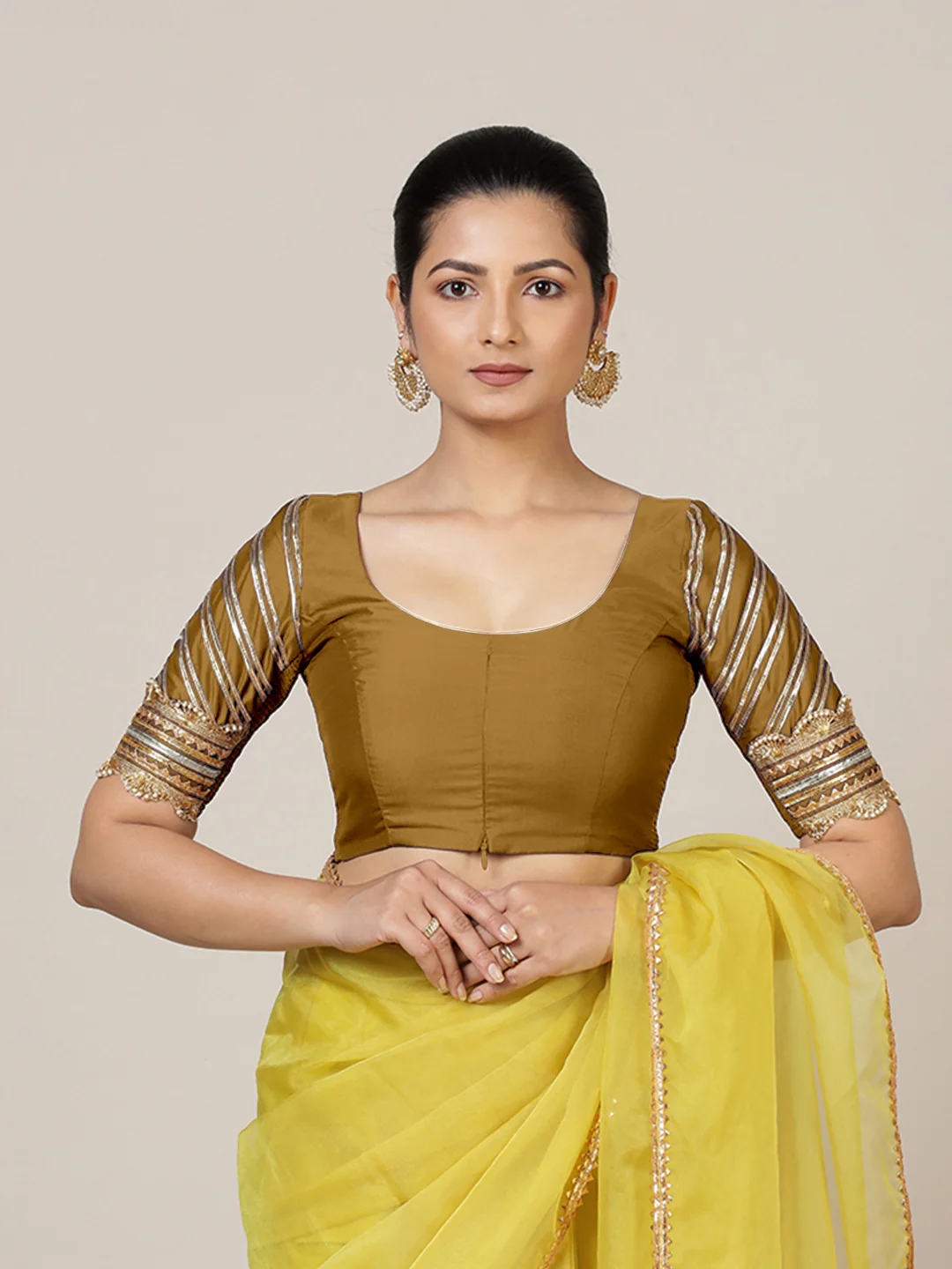 Anisha x Tyohaar | Elbow Sleeves Saree Blouse in Bronze Gold - Image 10