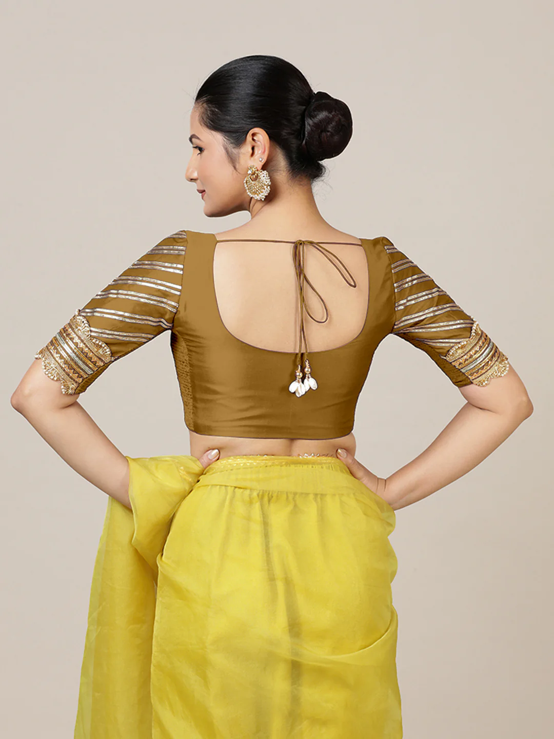 Anisha x Tyohaar | Elbow Sleeves Saree Blouse in Bronze Gold - Image 2