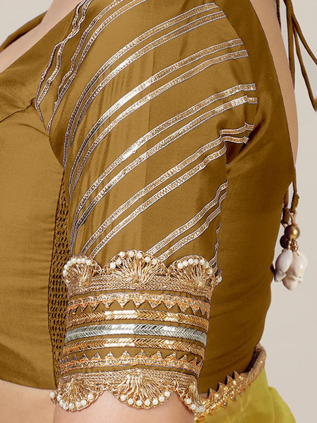 Anisha x Tyohaar | Elbow Sleeves Saree Blouse in Bronze Gold - Image 5
