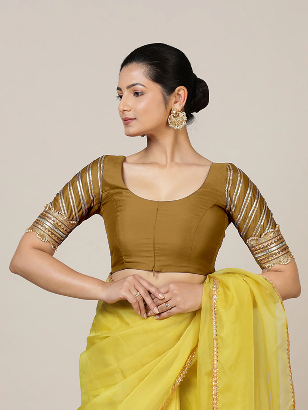 Anisha x Tyohaar | Elbow Sleeves Saree Blouse in Bronze Gold - Image 7