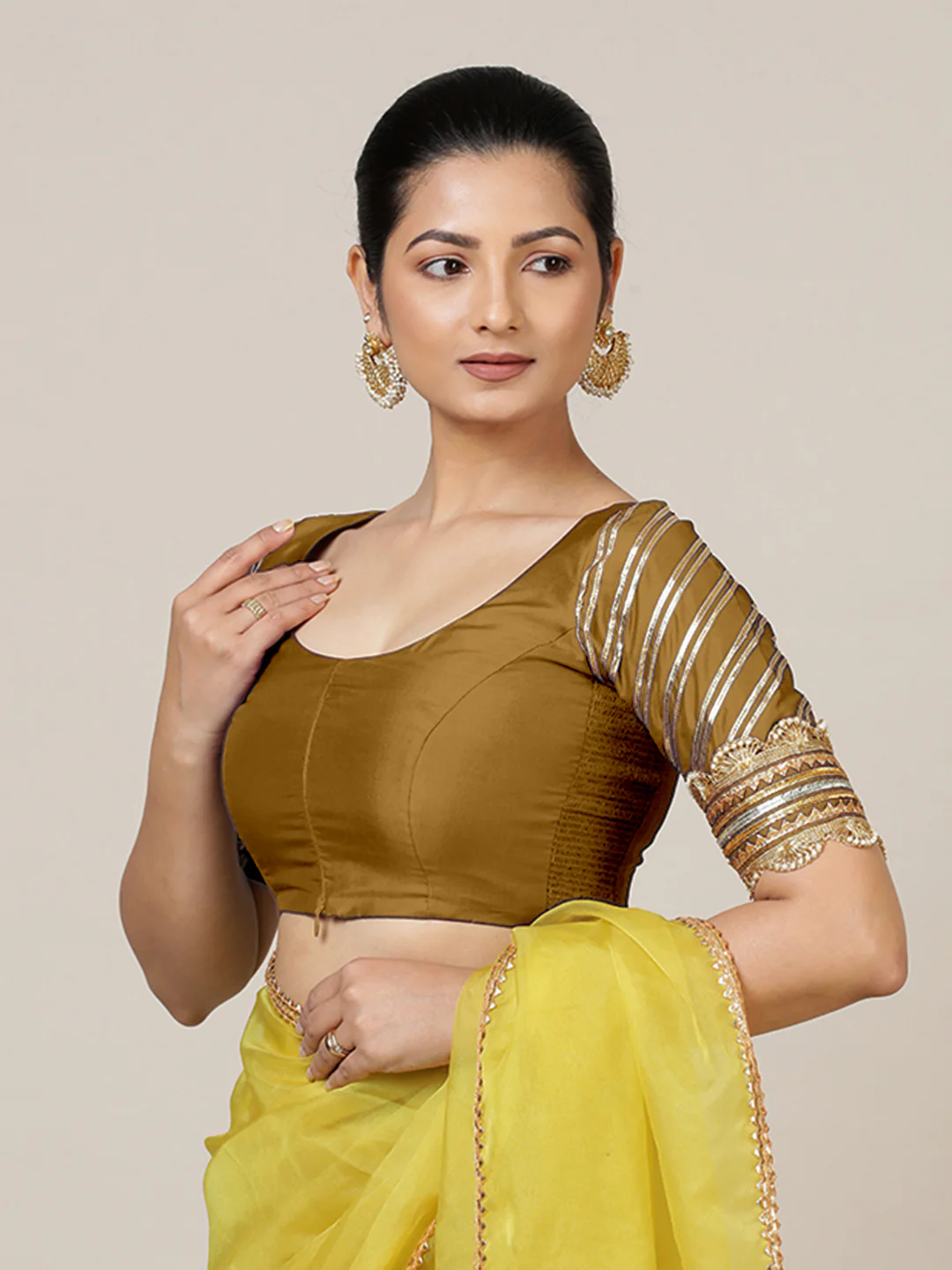 Anisha x Tyohaar | Elbow Sleeves Saree Blouse in Bronze Gold - Image 8
