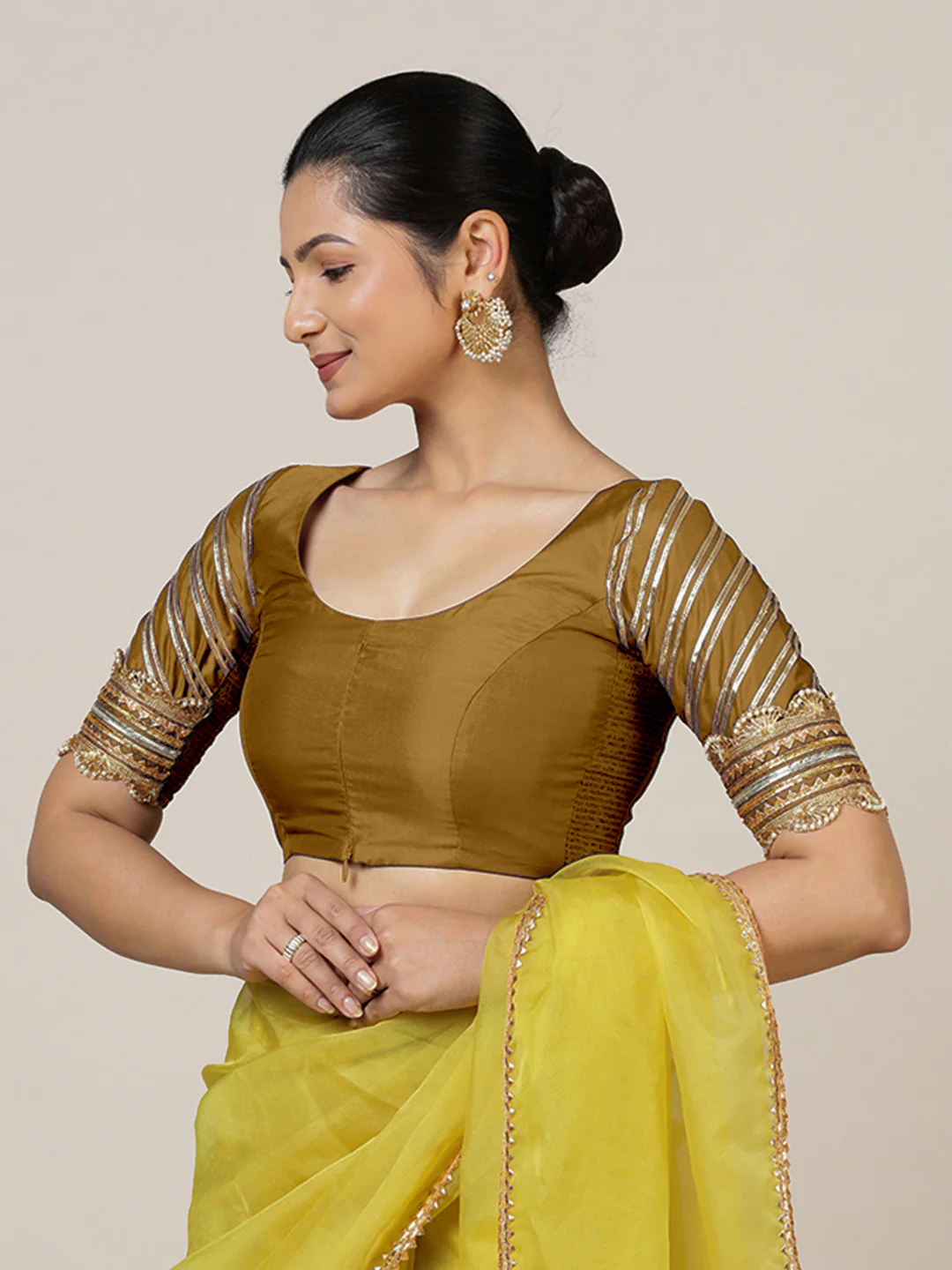 Anisha x Tyohaar | Elbow Sleeves Saree Blouse in Bronze Gold - Image 9