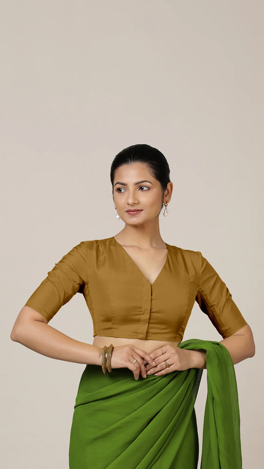 Begum x Rozaana | Elbow Sleeves Saree Blouse in Bronze Gold - Image 7