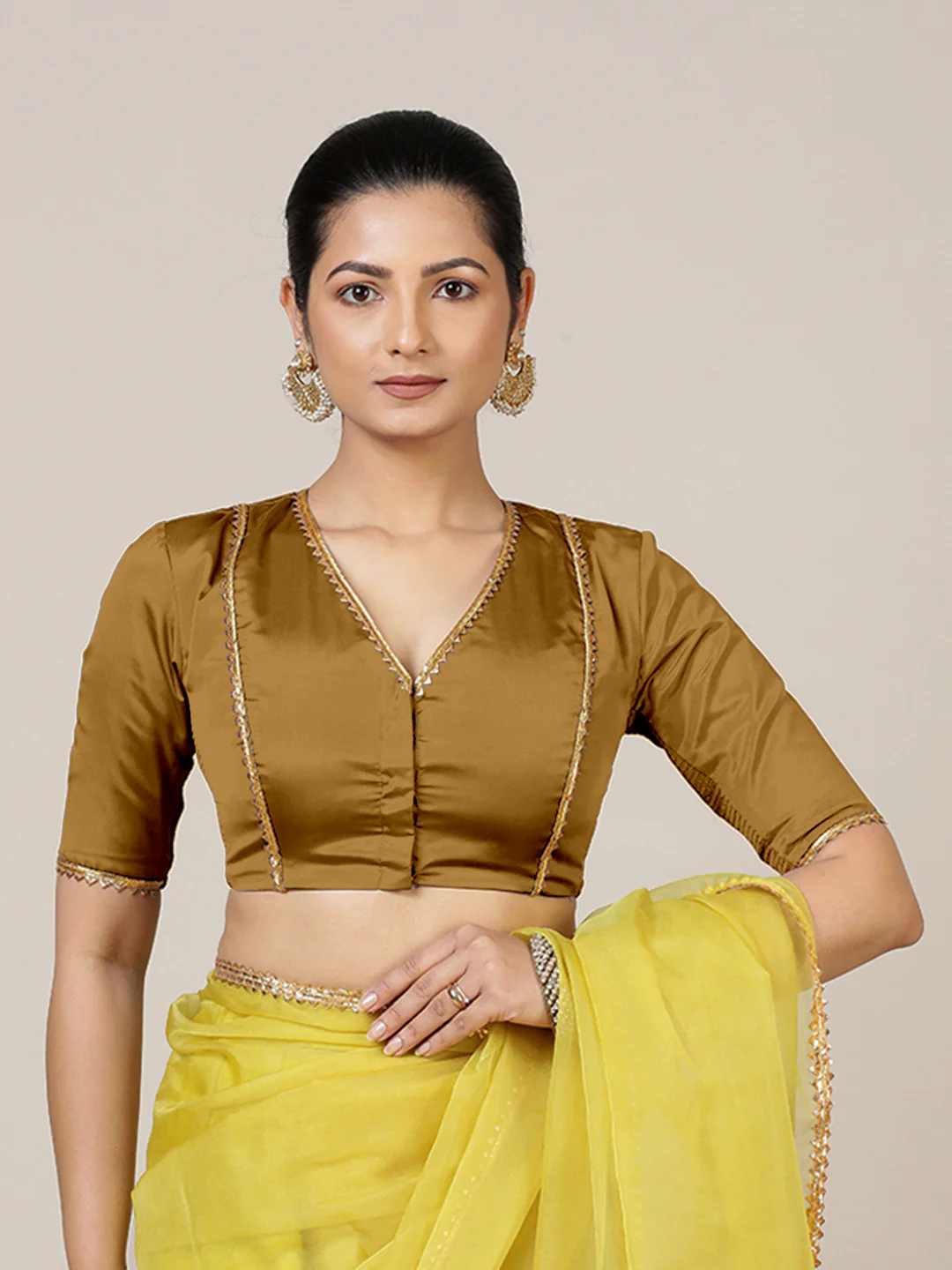 Begum x Tyohaar | Elbow Sleeves Saree Blouse in Bronze Gold - Image 6