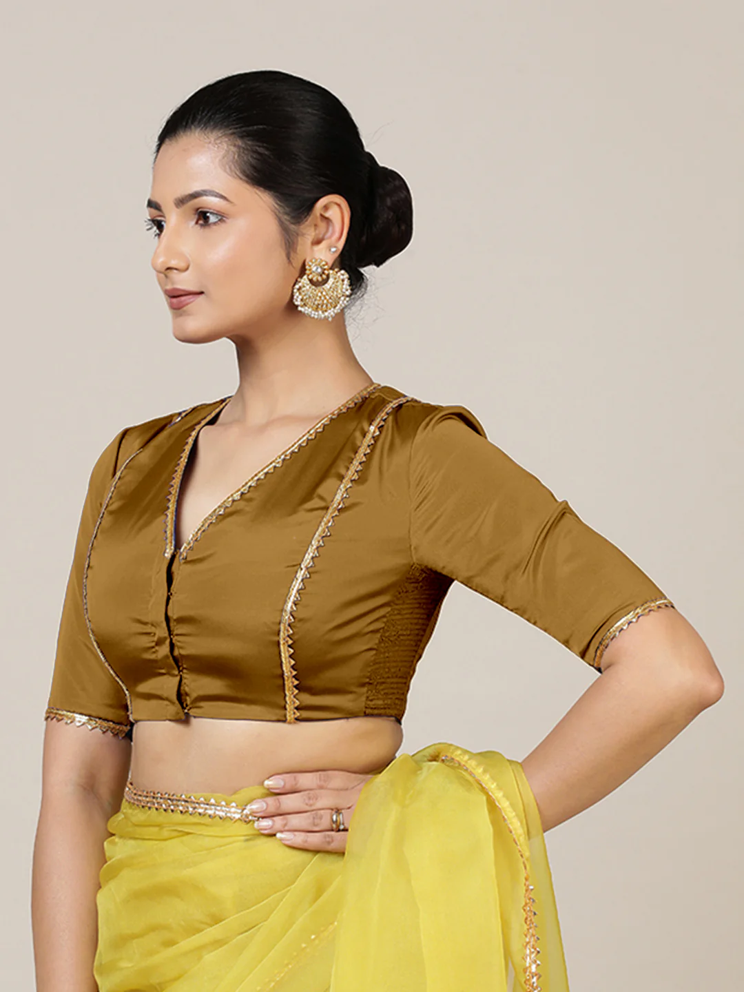 Begum x Tyohaar | Elbow Sleeves Saree Blouse in Bronze Gold - Image 7