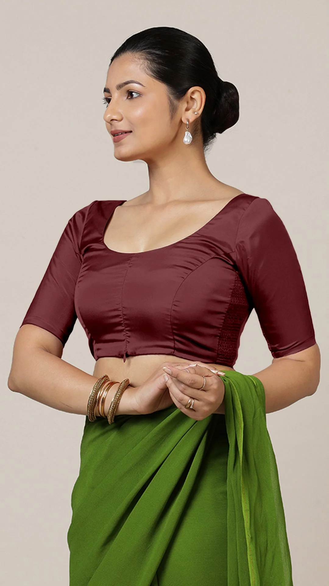 Anisha x Rozaana | Elbow Sleeves Saree Blouse in Burgundy - Image 8