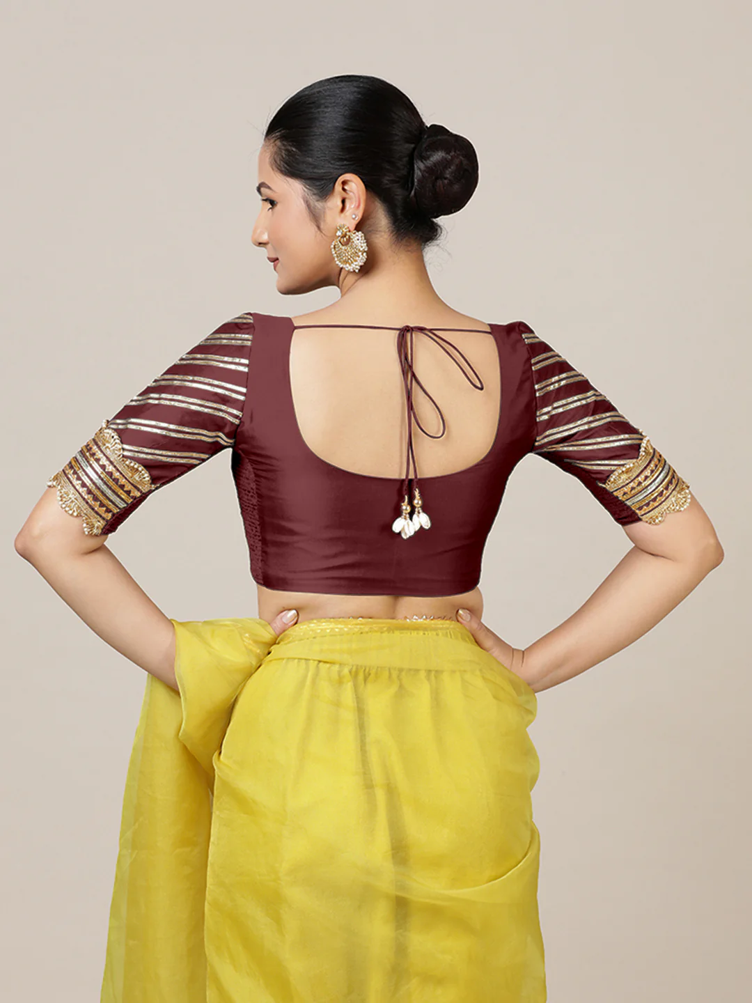 Anisha x Tyohaar | Elbow Sleeves Saree Blouse in Burgundy - Image 2