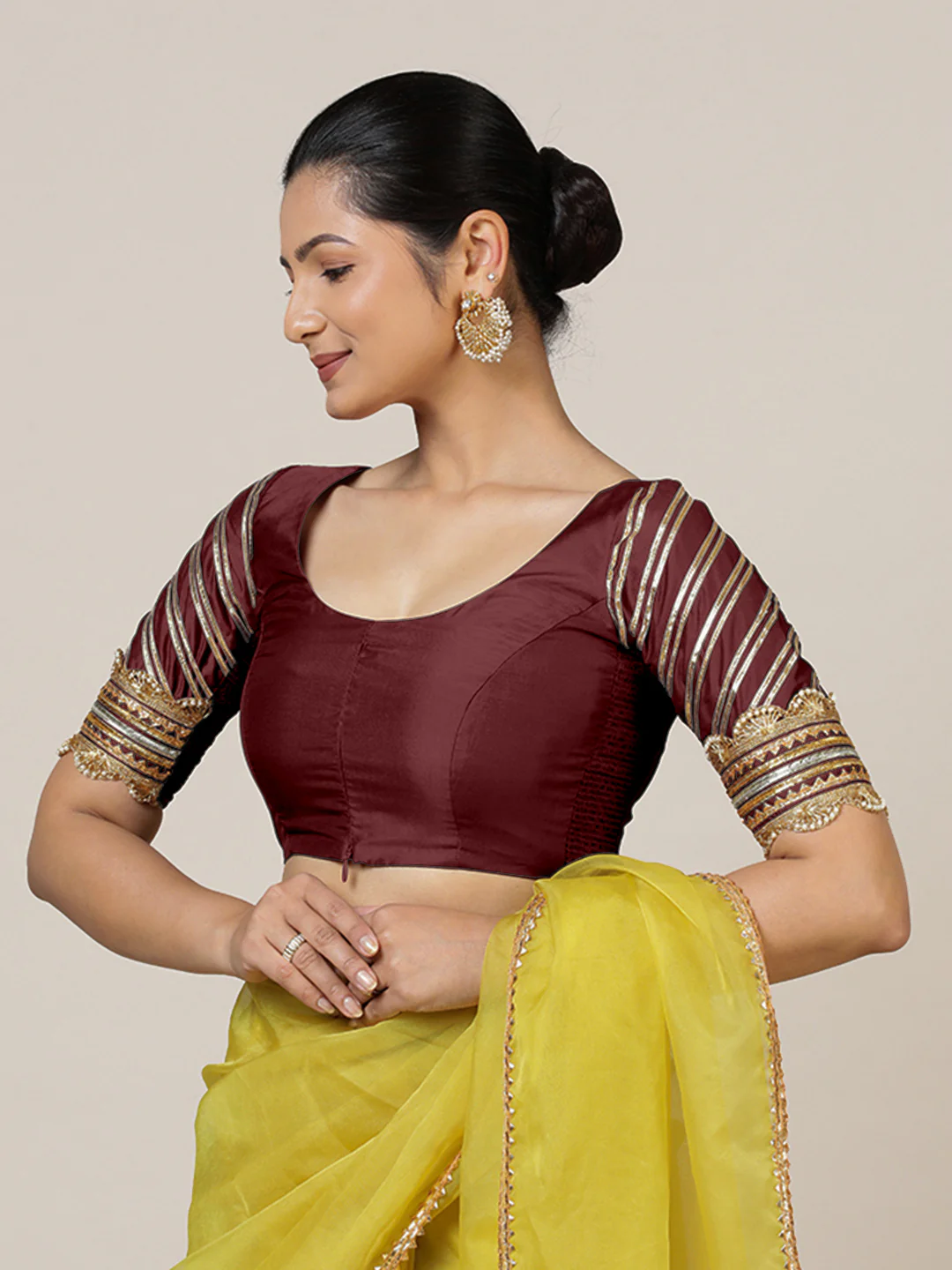 Anisha x Tyohaar | Elbow Sleeves Saree Blouse in Burgundy - Image 9