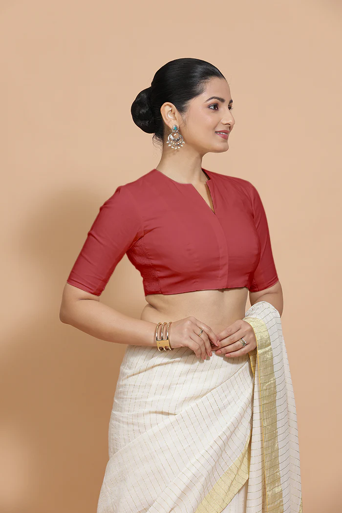 Ananya x Rozaana | Elbow Sleeves Saree Blouse in Carmine Red Plain Cotton - Image 10