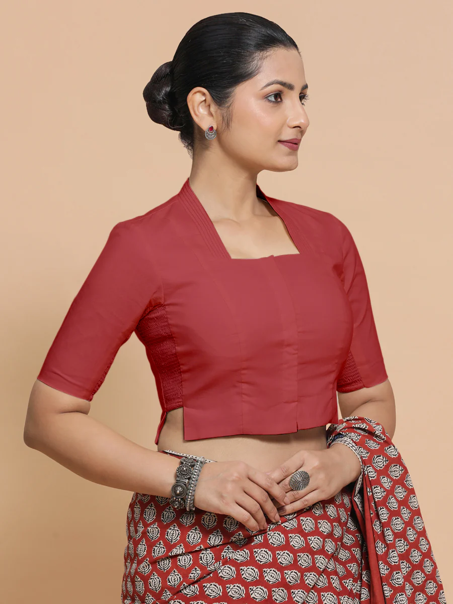 Ganga x Rozaana | Elbow Sleeves Saree Blouse in Carmine Red Plain Cotton - Image 9