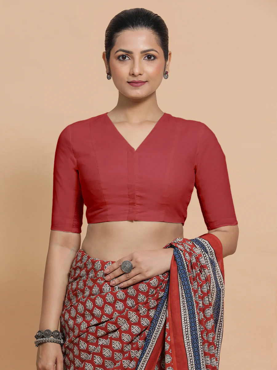 Garima x Rozaana | Elbow Sleeves Saree Blouse in Carmine Red Plain Cotton