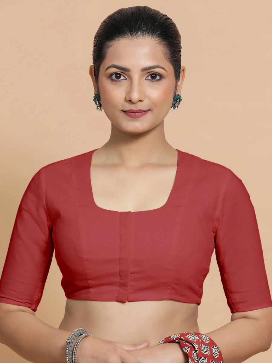 Koel x Rozaana | Elbow Sleeves Saree Blouse in Carmine Red Plain Cotton - Image 5