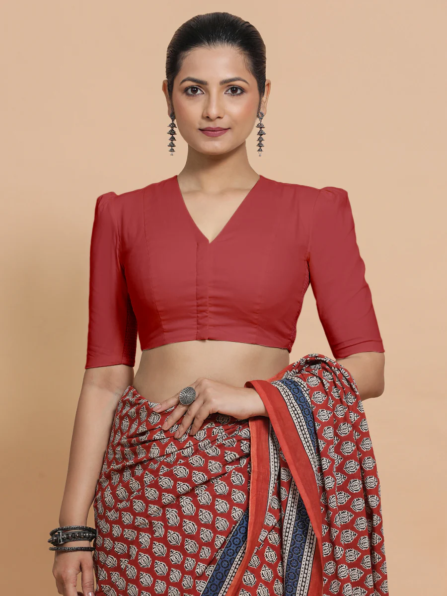 Kriti x Rozaana | Elbow Sleeves Saree Blouse in Carmine Red Plain Cotton - Image 5