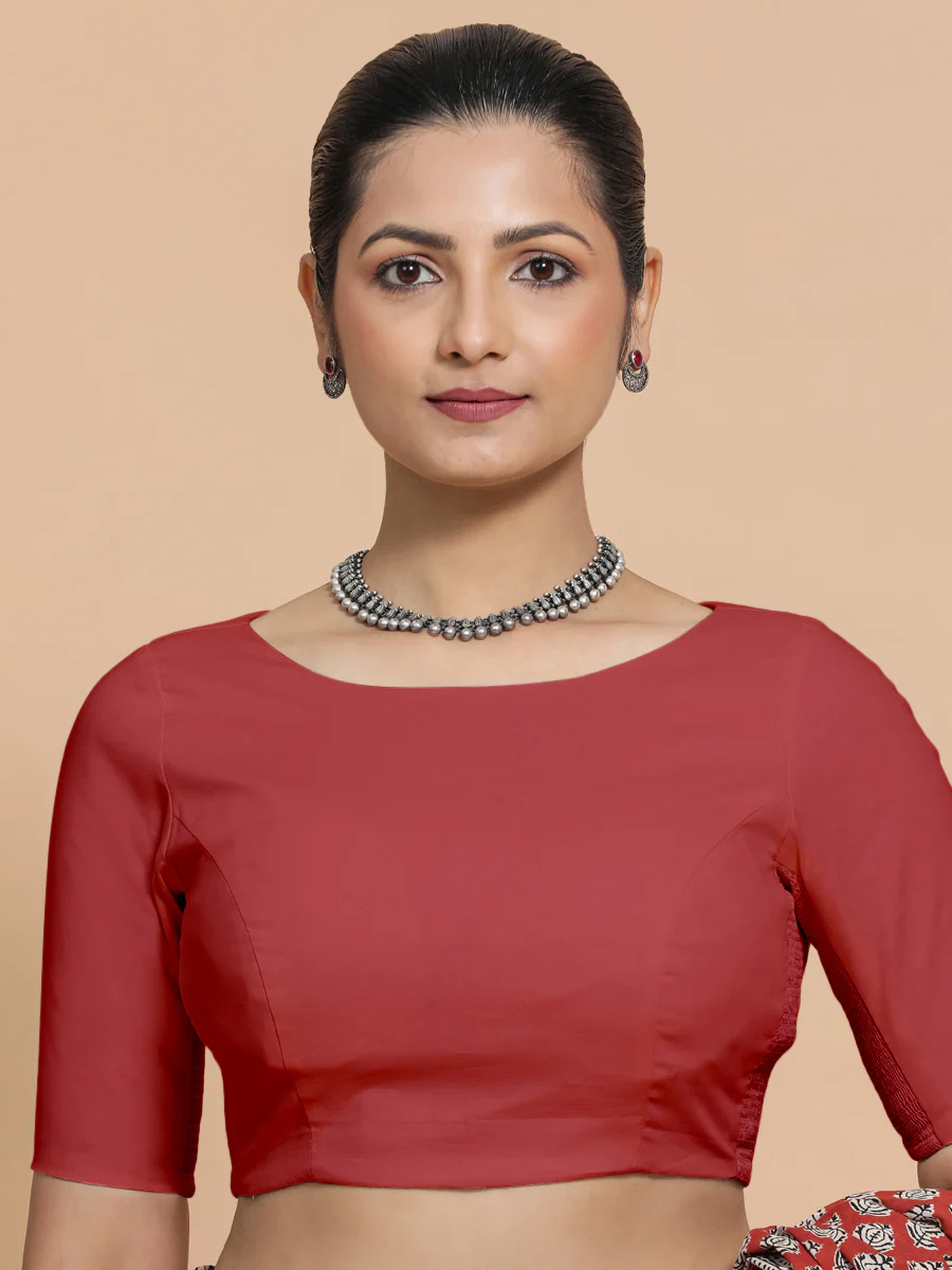 Kumud x Rozaana | Elbow Sleeves Saree Blouse in Carmine Red Plain Cotton
