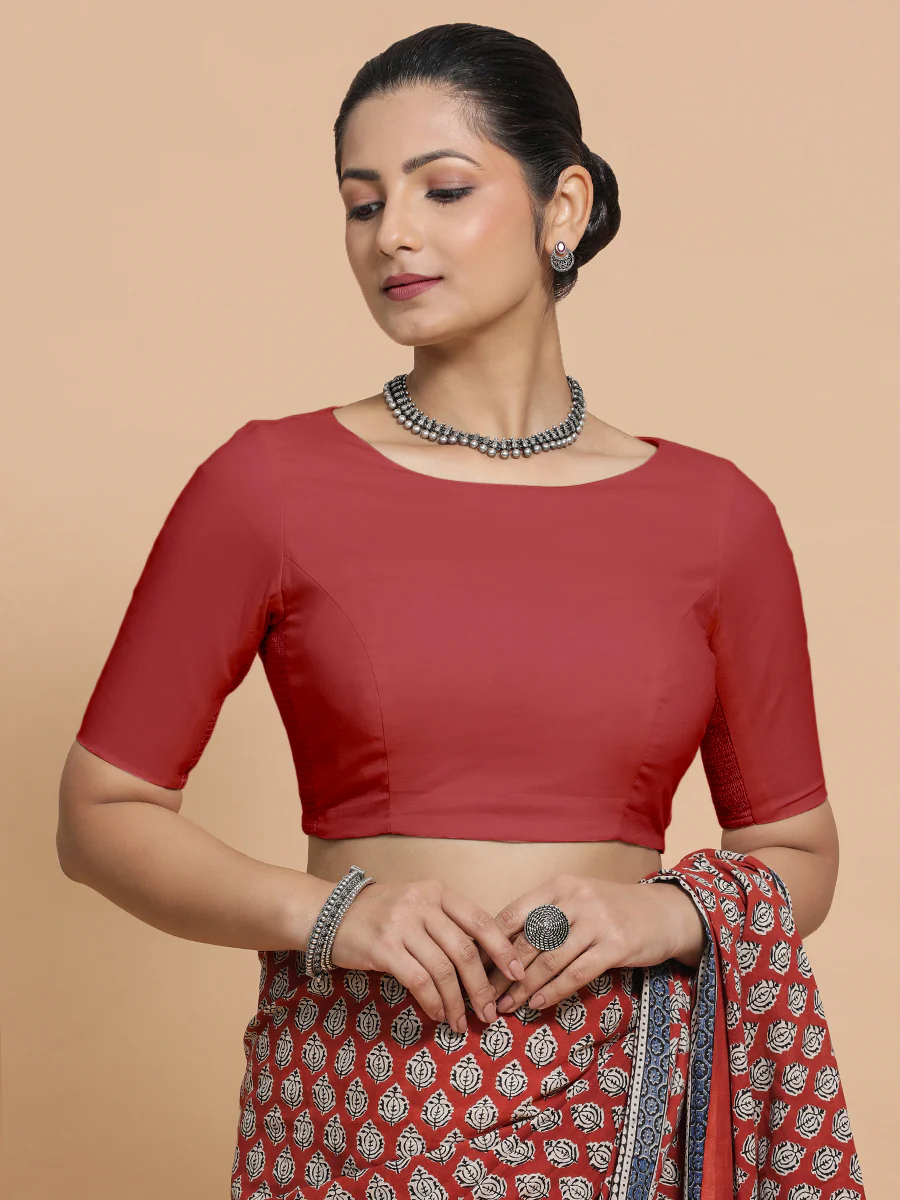 Kumud x Rozaana | Elbow Sleeves Saree Blouse in Carmine Red Plain Cotton - Image 11
