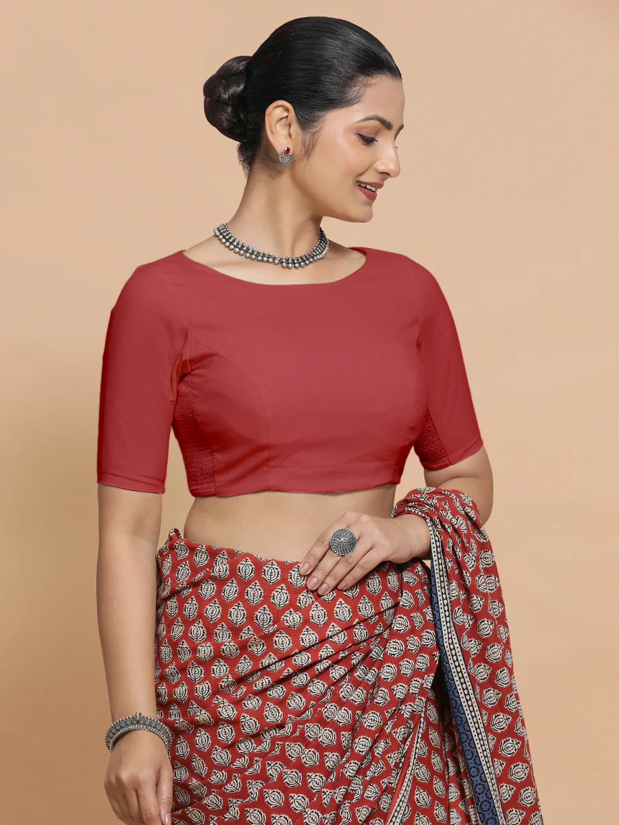 Kumud x Rozaana | Elbow Sleeves Saree Blouse in Carmine Red Plain Cotton - Image 8
